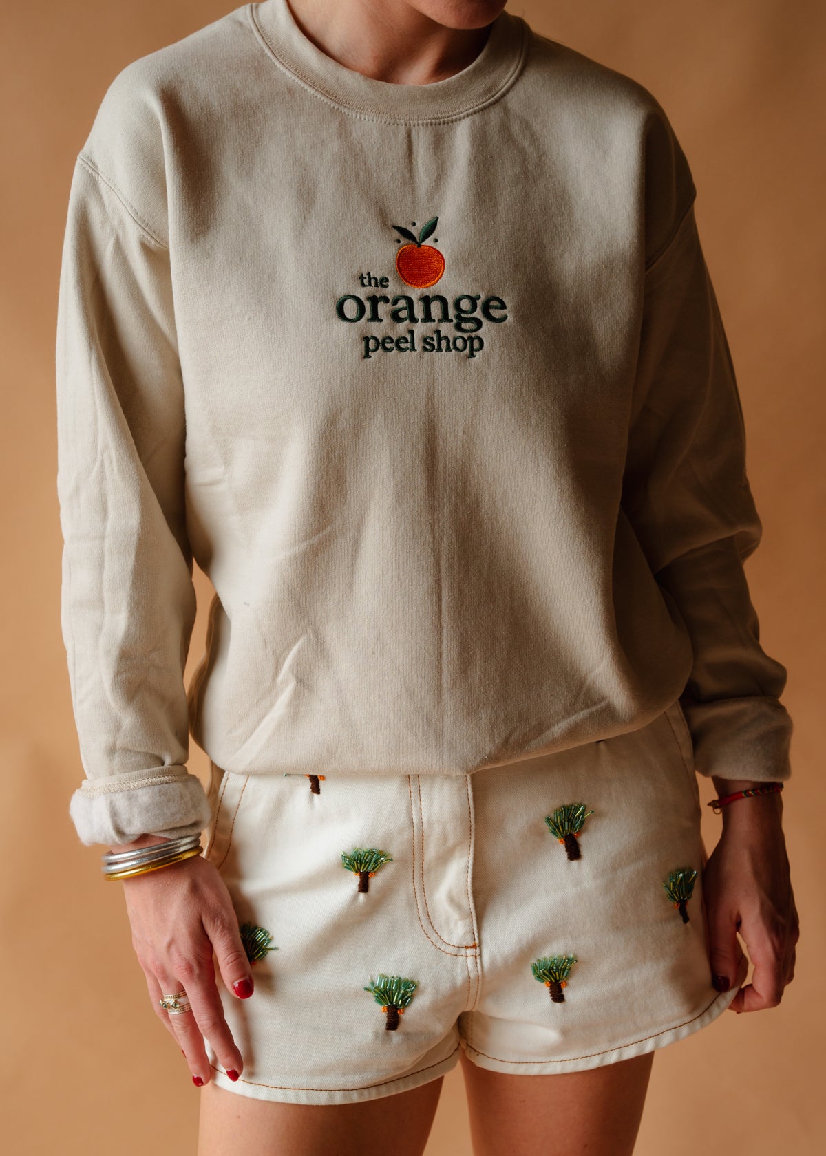 Embroidered Orange Peel Crewneck